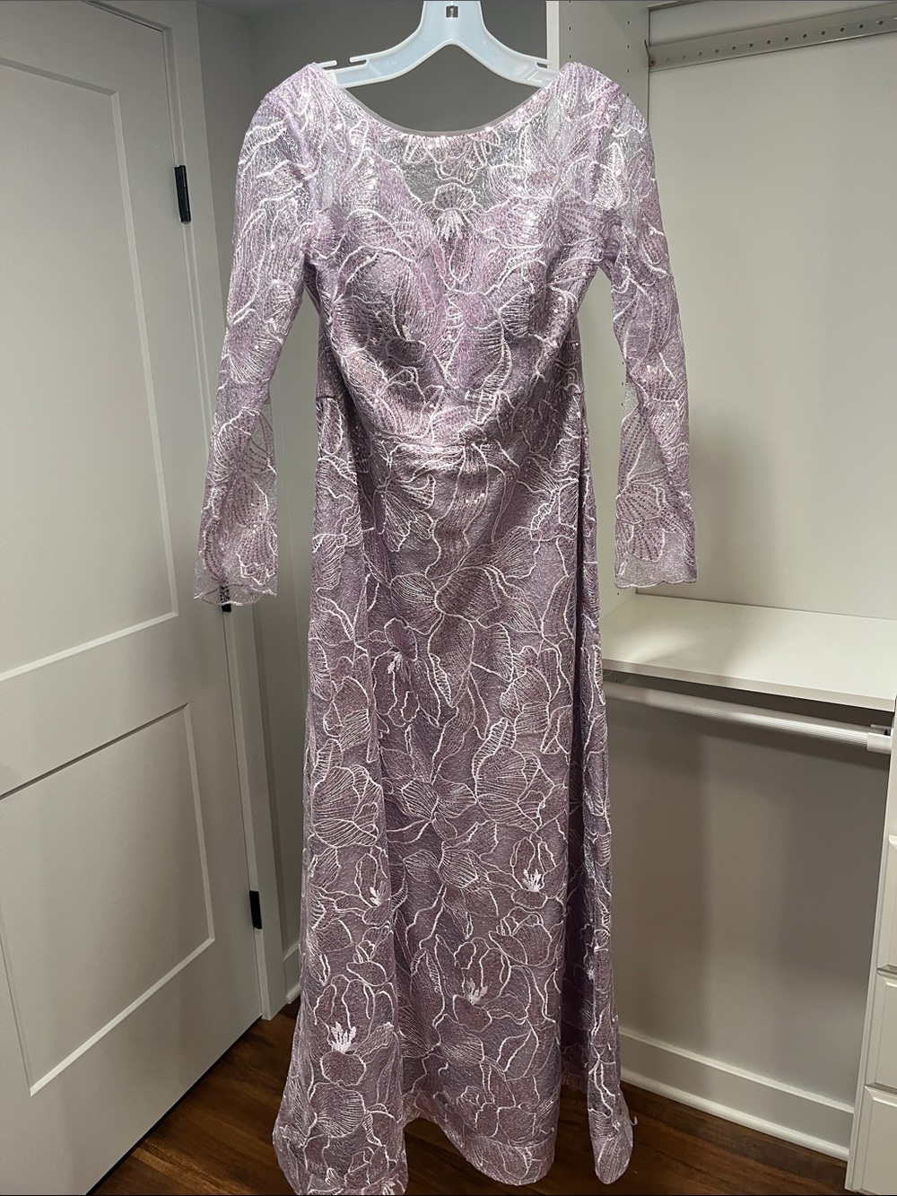 Oleg Cassini Lavender Lace Long-Sleeve Gown
